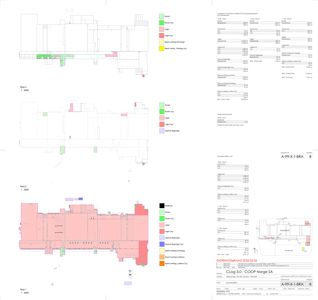 Etasjeplaner for tre nivå (Nivå 1, 2 og 3) av en bygning, med romfordeling, arealoppdelinger og tekniske data.