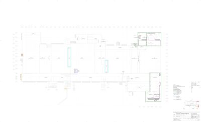 Etasjeplan som viser romfordeling, vegger og innredning for et stort rom, sannsynligvis en butikk eller kontor.