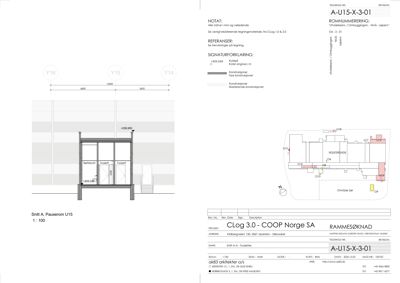 Snittegning (Snitt A) av en pauseromsbygning (U15) med angitte mål og konstruksjonsdetaljer.