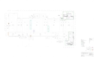 Etasjeplan (topplan) som viser romfordeling, vegger og utstyr i et bygg.
