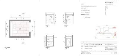 Detaljtegning av toalettrom (U115) med angitte mål, innredning og materialer.