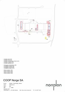 Situasjonsplan som viser plassering av nye bygninger (Wiltron-områder) og utvidelser på en tomt med eksisterende veier og infrastruktur.