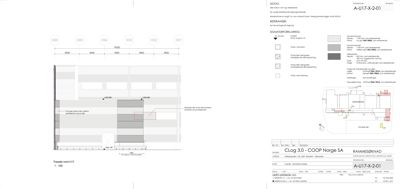 Fasadetegning (opprikk) for fasade U17, som viser detaljer om vinduer, materialer og konstruksjon.