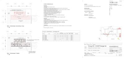 Etasjeplaner (Nivå 1) som viser romfordeling, innredning og detaljer for en administrasjonssone og toalett.