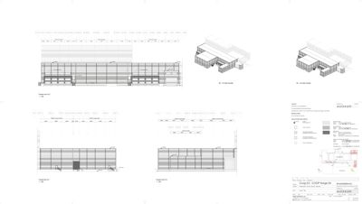 Fasadetegning som viser fronten på en bygning med vindusoppdeling og detaljeringslinjer.