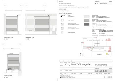Fasadetegning som viser oppriss av fasader (Nord, Vest, Sør) med detaljer om vinduer, materialer og mål.