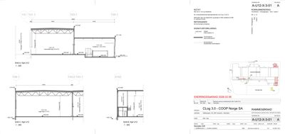 Etasjeplan (snitt A-A og C-C) som viser romfordeling, dimensjoner og konstruksjoner for et bygg.