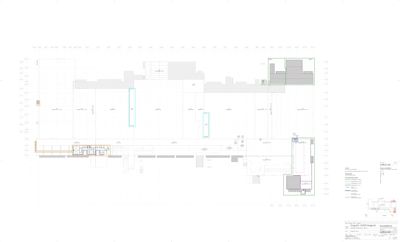 Etasjeplan som viser romfordeling, vegger og utstyr i en bygning.