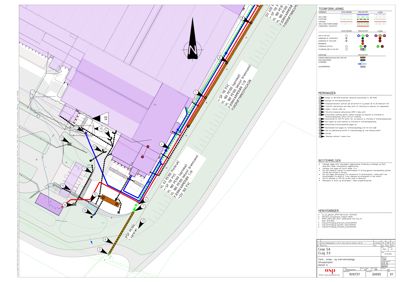 Situasjonsplan som viser tomt, bygninger, vegforhold og tekniske ledninger med tilhørende tegnforklaring.