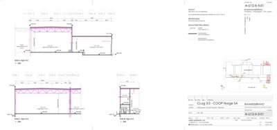 Snittegning (Snitt A, B og C) som viser konstruksjonen av etasjeskiftet, inkludert bjelker, søyler og gulvkonstruksjon.