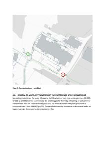 Kart over området som viser veier, eiendommer og plassering av pumpestasjoner (grønne sirkler) og kummer (røde sirkler).