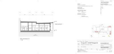 Snittegning (A-14-X-3-01) som viser tverrsnitt gjennom etasjeplan for en administrasjonsbygning. Tegningen illustrerer romfordeling, høyder, takkonstruksjon og fasadeelementer.