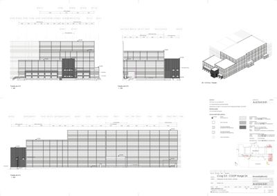 Fasadetegning med oppriss av bygningens ytre utseende, inkludert detaljer og materialer.