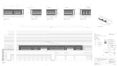 Fasadetegning som viser detaljerte oppriss av fasadeelementer og en helhetsvisning av fasaden.