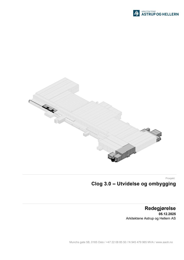 3D-visualisering (rendering) av en bygning sett fra en vinkel, med tittelen 'Clog 3.0 – Utvidelse og ombygging'.
