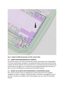 Situasjonsplan som viser VA-ledninger (blå) og bygninger (lilla) i et område, med tekstbeskrivelse av vannforsyning og oppgradering.