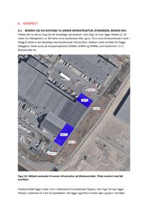 Luftfoto av et industriområde med overlagte blå felter som markerer tiltaksområder, samt angitte avstander til nærliggende infrastruktur.