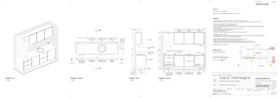 En tegning som viser detaljerte oppriss for kjøkkeninnredning (kabinett, benkeplate, vask) og en skisse av en skapforlengelse.