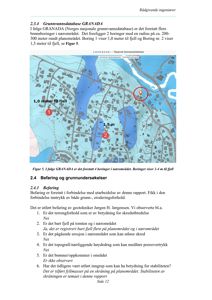 Et kart over et planområde med markerte brønnboringer (1 og 2) og dypmålinger til fjell, illustrert i en rapporttekst.