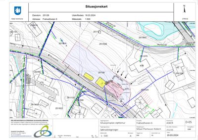 Situasjonskart som viser eiendomsnummer, adresse, målestokk og bygningsplassering i forhold til nabolag.