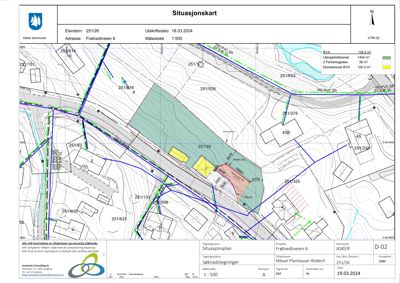 Situasjonskart som viser eiendomsnummer, adresse, arealopplysninger og nabolag.