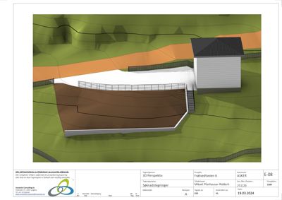 3D-perspektivtegning (rendering) som viser etasjeplan, terrengform og bygningens plassering på tomten.