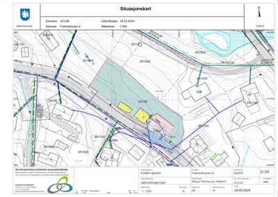 Situasjonskart som viser eiendomsnummer, adresse, nabolagsgrenser og topografi.