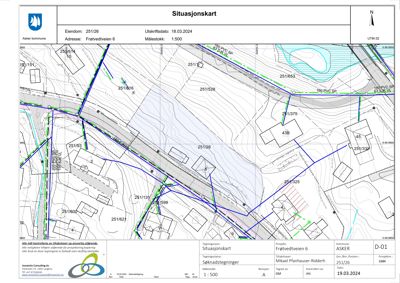 Situasjonskart som viser eiendomsnummer, tomtegrenser, veier og topografi for Fretvedtveien 6.