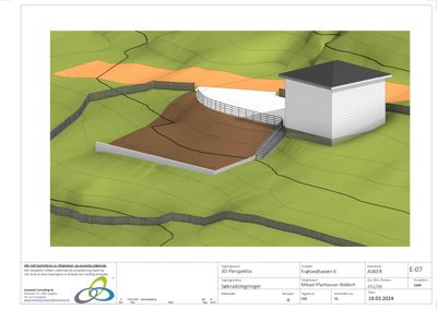 3D-perspektivtegning (rendering) som viser etasjeplan, terrengform og fasade for en bygning i sitt landskap.