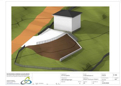 3D-perspektivtegning (rendering) som viser et hus, terrengform og hekk i forhold til hverandre.
