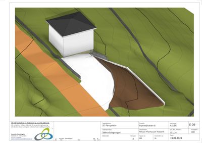 3D-perspektivtegning (rendering) som viser et hus, en vei og terrengformet tomt.