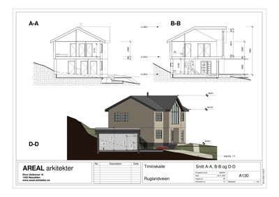 Snittegning (A-A, B-B og D-D) som viser tverrsnitt gjennom huset, inkludert høyder, vindusåpninger og grunnforhold.
