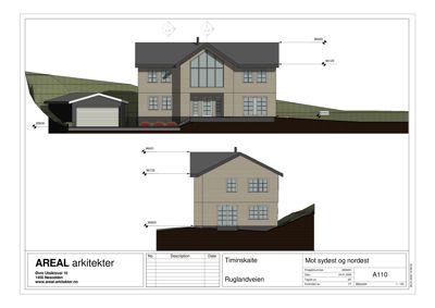 Snittegning som viser bygningens tverrsnitt med høydemål og fasadeoppsett.