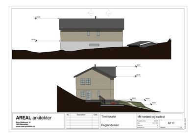 Fasadetegning som viser bygningens utsyn mot nordøst og sydøst, inkludert høydeangivelser og terrengforhold.