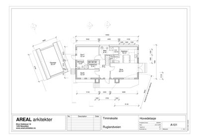Hovedetasjeplan som viser romfordeling, dimensjoner og plassering av enebolig.