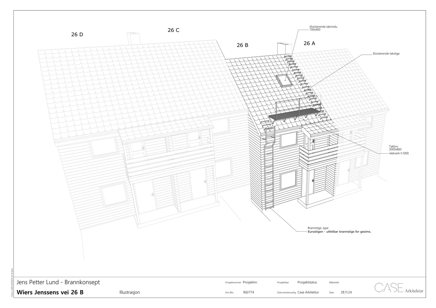 3D-visualisering av et brannkonsept for en tomt med fire hus (26A-26D), som viser takkonstruksjon, vinduer og fasadeelementer.
