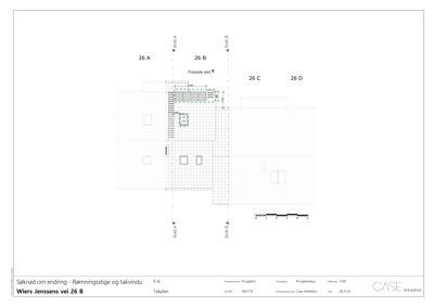Takplan som viser takkonstruksjonen, takvinduer og rømningsstiger for bygningene 26 A-D på Wiers Jenssens vei 26.