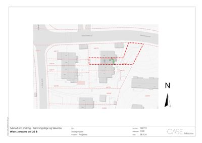 Situasjonsplan som viser tomt, naboeiendommer, veier og bygningers plassering.