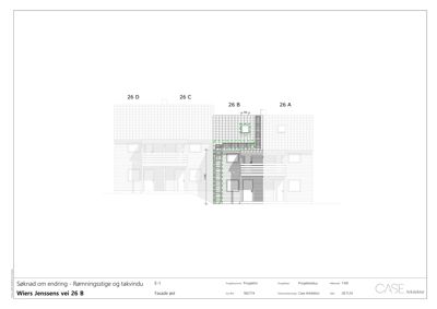 Fasadetegning som viser oppriss av bygningene 26 A-D sett fra øst, med detaljer om vinduer, dører og takform.