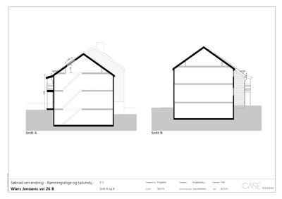Snittegning (Snitt A og B) som viser tverrsnittet av en bygning, inkludert takkonstruksjon, etasjer og trapp.
