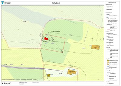 Situasjonskart som viser eiendomsområde, bygninger, vegnett og topografi.