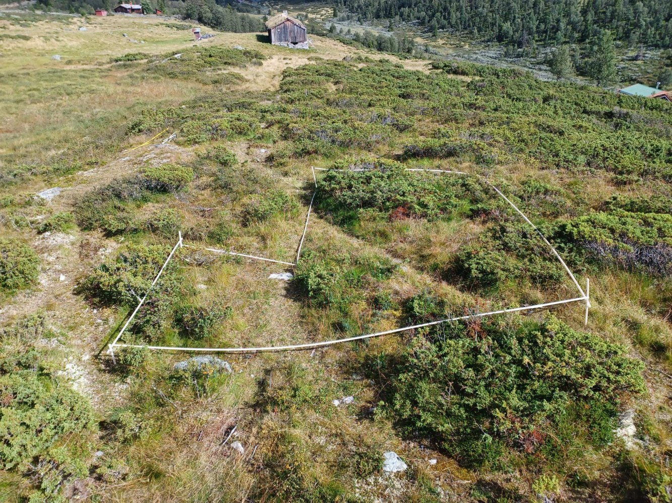 Fotografi av et utsatt terreng med en markert byggeplass (utmark) og eksisterende hytter i bakgrunnen.