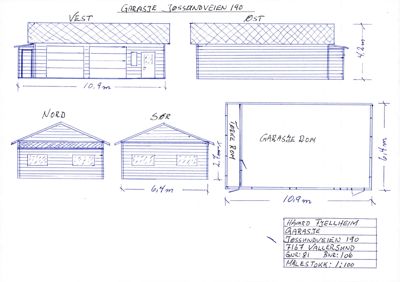 Fasadetegning som viser bygningens utseende fra alle fire sider (Vest, Øst, Nord, Sør) samt en planutsnitt av garasjerommet.