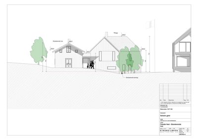 Fasadetegning som viser etasjeplan, høyder og forhold til eksisterende hus og terreng.