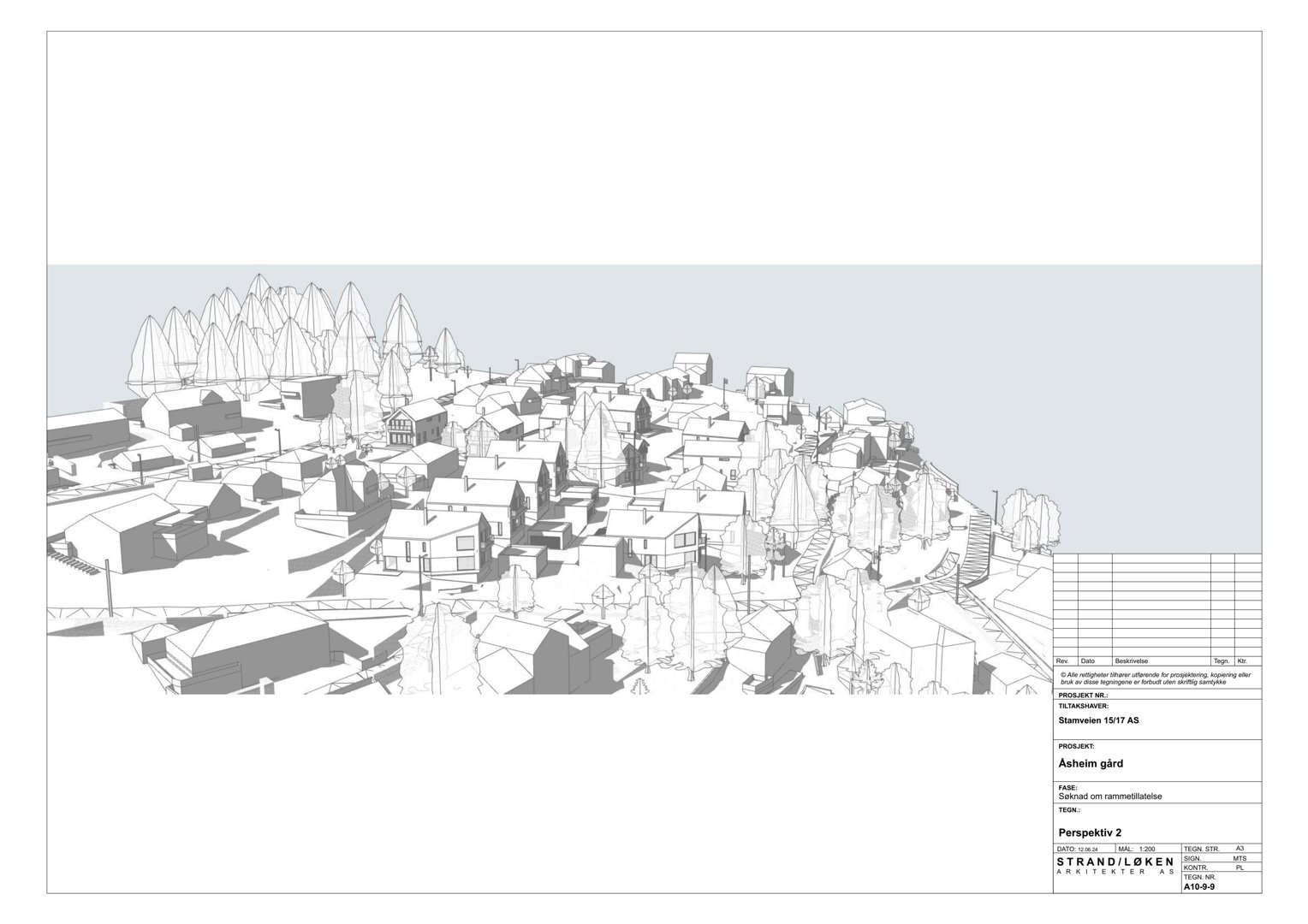 3D-visualisering (rendering) av et bygningsfelt sett fra en høyde, med skisseaktig stil.