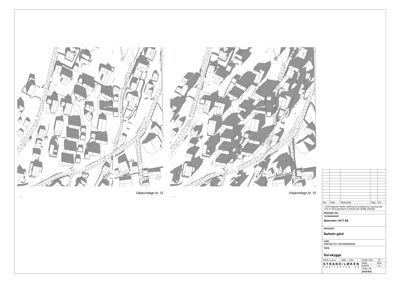 Situasjonsplan som viser sol- og skyggefall (solskygge) for et område med flere bygninger.