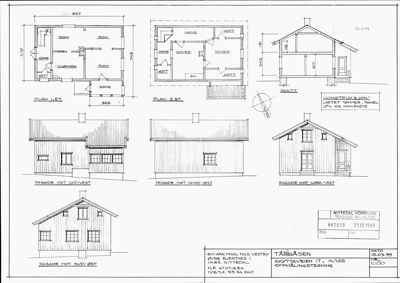 Bildet viser en samling tegninger for en bygning, inkludert etasjeplaner (PLAN 1. ET, PLAN 2. ET), et snitt (SNITT) og flere fasadetegninger (FASADE MOT SØD/VEST, FASADE MOT NORD/ØST, FASADE MOT NORD/VEST, FASADE MOT SØD/ØST).