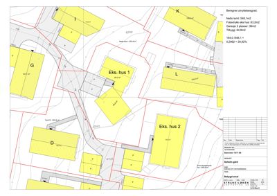 Situasjonsplan som viser eksisterende og planlagte bygninger (Eks. hus 1, Eks. hus 2, G, D, L, K) på tomt med beregnet utnyttelsesgrad og arealoppsummering.