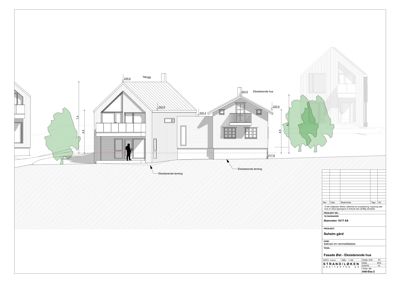 Fasadetegning som viser etasjehøyder, takhøyder og forhold til eksisterende bebyggelse og terreng.