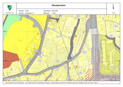 Situasjonskart som viser eiendomsnummer, adresse, målestokk og nabolagsstruktur med arealbruk.